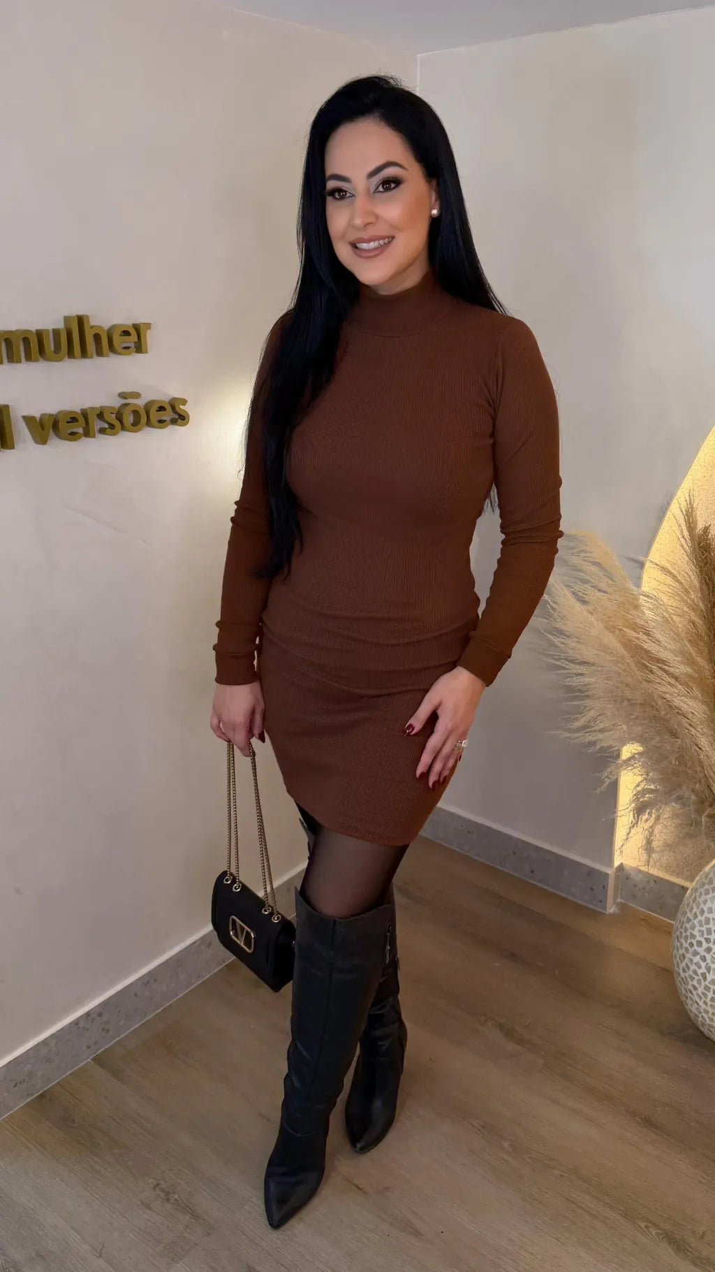 Vestido Canelado Manga Longa / Gola alta