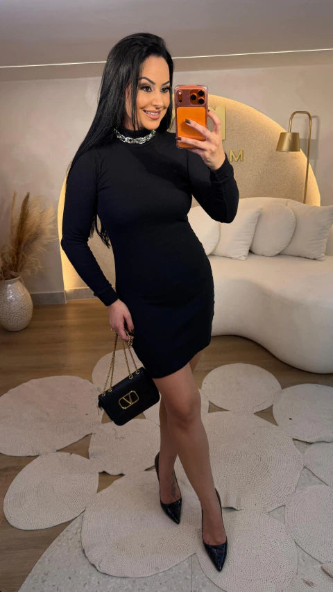 Vestido Canelado Manga Longa / Gola alta
