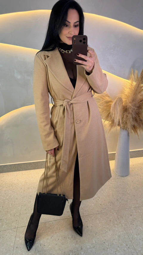 Trench Coat Mídi Nude com Faixa para Amarração